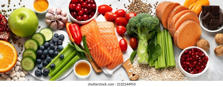 Anti Aging Foods On Light Background. Food For Healthy Heart, Brain And Good Memory. High In Antioxidants, Minerals And Vitamins. Top View, Flat Lay, Panorama