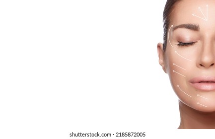 Anti aging treatment and plastic surgery concept. Woman with eyes closed, a serene expression and lifting white arrows over face. Perfect skin. Half face portrait isolated on white with copy space - Shutterstock ID 2185872005
