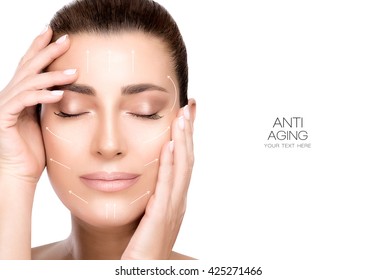 Anti Aging Treatment And Plastic Surgery Concept. Beautiful Young Woman With Hands On Cheeks And Eyes Closed With A Serene Expression In A Beauty, Skincare And Spa Concepts. Portrait Isolated On White