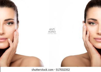 Anti Aging Treatment And Plastic Surgery Concept With Two Half Face Portraits Of A Beautiful Young Woman With A Flawless Smooth Complexion, Isolated On White With Copy Space In Middle. Template Design