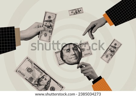 Anti money laundering concept collage of corruption detective magnifying glass control government inspection isolated on beige background