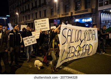 Anti Vax People Protest  Against Compulsory Covid Vaccines  And The Imposition Of Green Pass, Holds March In The Barcelona City Center In Spain On November 13, 2021.