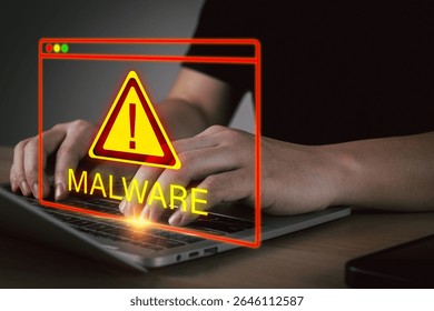 Anti Virus. user hand working on laptop computer with virtual malware attack warning graphic icon, virus protection software, cybersecurity, business finance, internet network technology concept