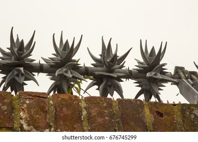 Anti wall climbing spinners with sharp barbs on the top of a brick wall to deter intruders and burglars

