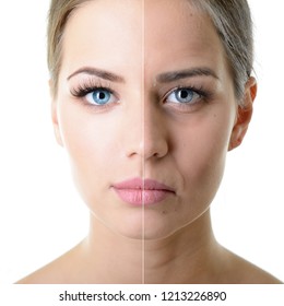 Anti-aging, beauty treatment, aging and youth, lifting, skincare, plastic surgery concept. Beautiful girl with young face and half face of old woman with wrinkles, dark circles, acne and comedones. - Shutterstock ID 1213226890
