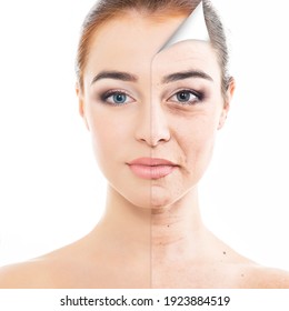 Anti-aging And Beauty Treatment. Portrait Of Beautiful Woman With Old Problem And Young Clean Healthy Skin, Aging And Youth Concept