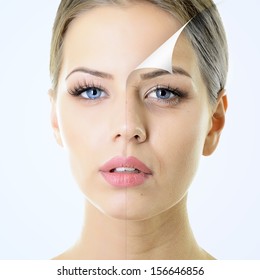 Anti-aging Concept, Portrait Of Beautiful Woman With Problem And Clean Skin, Aging And Youth Concept, Beauty Treatment