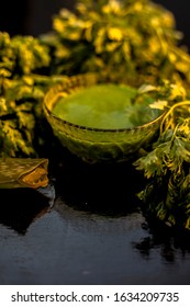 Anti-aging Face Mask On The Black Colored Glossy Surface Consisting Of Fresh Green Cilantro Leaves, And Some Aloe Vera Gel.  Prepared Face Mask With Raw Coriander And Aloe Vera. Vertical Shot.