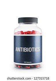 Antibiotics transparent bottle with red pills inside