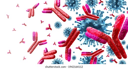 Antibody Immunology And Immunoglobulin Concept As Antibodies Attacking Contagious Virus Cells And Pathogens As A 3D Illustration.