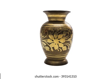Antic old golden exquisite round handmade engraved dyed metal vase in oriental style with a floral pattern on isolated white background