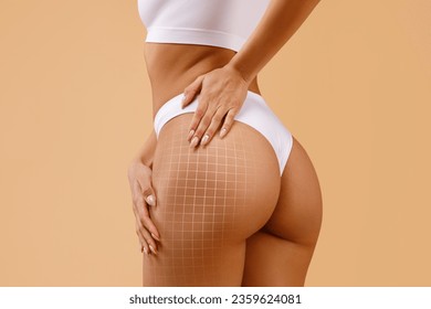 Anti-cellulite treatment. Lifting up lines drawn on perfect butt of black lady in underwear. Unrecognizable sporty woman standing isolated on beige background, touching her buttocks, cropped, collage