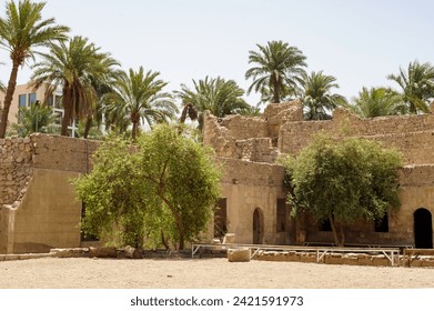 Antick ruins of Aqaba Fortress walls, or Aqaba Castle, Mamluk Castle, Jordan. Fortress was built by Crusaders in the 12th century. Aqaba Castle has quadrangular shape with stone towers at corners.