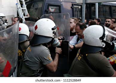 Anti-Euro Protesters Scuffle With Riot Police At The European Union Representation Offices In Athens, Greece, July 2, 2015.