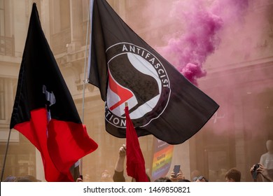 The antifa flag being displayed at an anti fascist demonstration in opposition to a rally by supporters of the former EDL leader Tommy Robinson