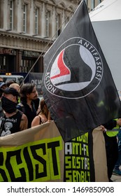 The antifa flag being displayed at an anti fascist demonstration in opposition to a rally by supporters of the former EDL leader Tommy Robinson