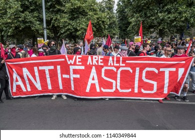Antifa march in the counter demonstration against the Free Tommy Robinson protest in Cambridge, United Kingdom, 21/07/18.