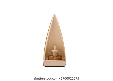 Anti-fly repellent bottle presented in a triangular cardboard display, front view. Minimal studio lighting on white background.