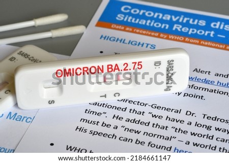 SARS‑CoV‑2 antigen test kit for self testing with positive result and text OMICRON BA.2.75 on paper documents. Concept for new variant 