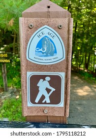 Antigo, Wisconsin, U.S.A., August, 12, 2020    Ice Age Trail Marker On The National Scenic Trail Route