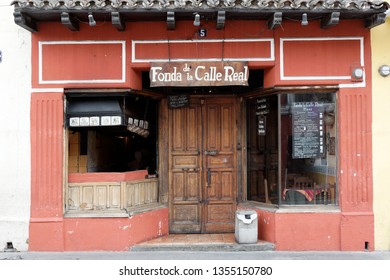 Antigua, Guatemala 03-01-2008 Entrance To A Fonda Or Restaurant On A Street In Antigua.