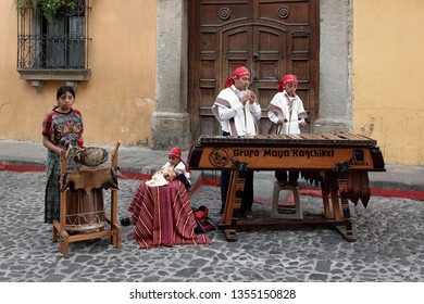 Antigua, Guatemala 03-01-2008 A Local Indigenous Band Plays Traditional Instruments And Music On The Cobbled Streets Of Antigua.