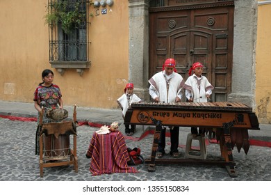 Antigua, Guatemala 03-01-2008 A Local Indigenous Band Plays Traditional Instruments And Music On The Cobbled Streets Of Antigua.