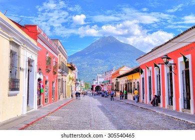 ANTIGUA , GUATEMALA - JULY 30 : Street view of Antigua Guatemala on July 30 2015. The historic city Antigua is UNESCO World Heritage Site since 1979.