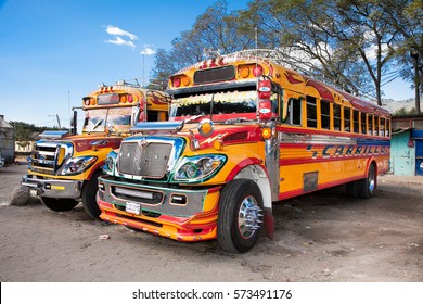 ANTIGUA,GUATEMALA -DEC 25, 2015: Typical guatemalan chicken bus in Antigua, Guatemala on Dec, 2015. Chicken bus It's a name for colorful, modified and decorated bus in various latin American countries