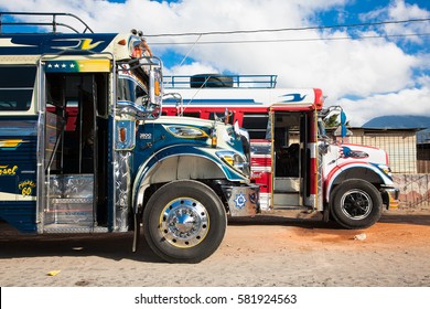 ANTIGUA,GUATEMALA -DEC 25, 2015:Typical guatemalan chicken bus in Antigua, Guatemala on Dec 25, 2015.Chicken bus It's a name for colorful,modified and decorated bus in various latin American countries