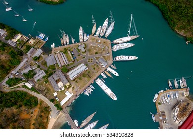 Antigua's port with yachts from above. Helicopter ride above Antigua and Barbuda