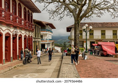 Jericó, Antioquia, Colombia; 09-26-2021: Beautiful And Commercially Busy The Plaza Mayor Of The Municipality On Sunday.