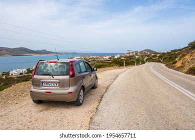 Antiparos, Greece - September 28, 2020: Nissan Note Car Parked On The Roadside In Antiparos Island. Cyclades