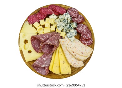 Antipasti Platter With Assortment Of Italian Salami And Cheese Isolated On White Background. Top View