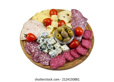 Antipasti Platter With Olives, Cherry Tomatoes, Assortment Of Italian Salami And Cheese Isolated On White Background