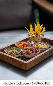 Antipasto Set Served On A Wooden Tray. Appetizers Tray.