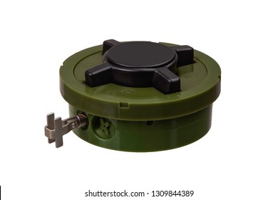 Anti-personnel Mine Explosive Device Isolated On White.  Land Mine Is An Explosive Device Concealed Under Or On The Ground And Designed To Destroy Or Disable Enemy Targets.