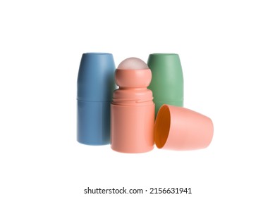 Antiperspirant deodorant roll-on bottles  in assortment. Object isolated on white background.