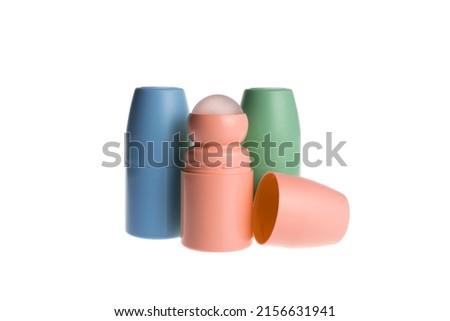 Antiperspirant deodorant roll-on bottles  in assortment. Object isolated on white background.