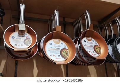 Antipolo City, Philippines - May 2021: The Photo Shows A Copper Non Stick Frying Pan Hanging On A Department Store Cookware 