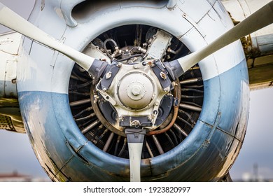 Antique Aeroplane Engine With Propeller, Vintage Plane Close Up