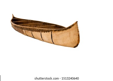 Antique American Thin Wood Canoe Isolated Against White Background