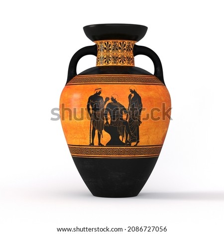 Antique ancient greek wine vase with meander pattern and ornament isolated on white background.