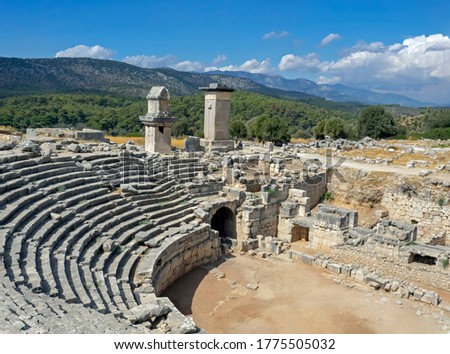 Antique ancient Xanthos ruins. Amphitheater, Harpy monument, UNESCO world heritage