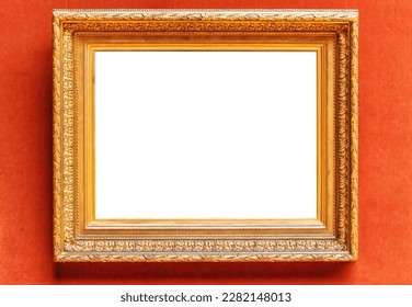 Antique art fair gallery frame on royal Red wall at auction house or museum exhibition, blank template with empty white copyspace for mockup design, artwork concept - Shutterstock ID 2282148013