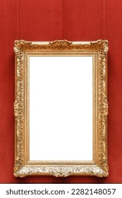 Antique art fair gallery frame on royal Red wall at auction house or museum exhibition, blank template with empty white copyspace for mockup design, artwork concept - Shutterstock ID 2282148057