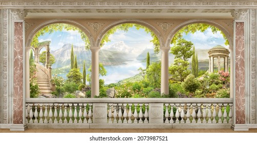 Antique balcony view to the sea landscape. Digital collage for the purpuse of mural printing.