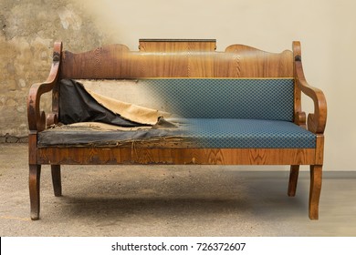 antike Biedermeier-Sofa mit authentischem Stoff und Holzschnitzereien vor und nach der Restauration in einem Einzelfoto