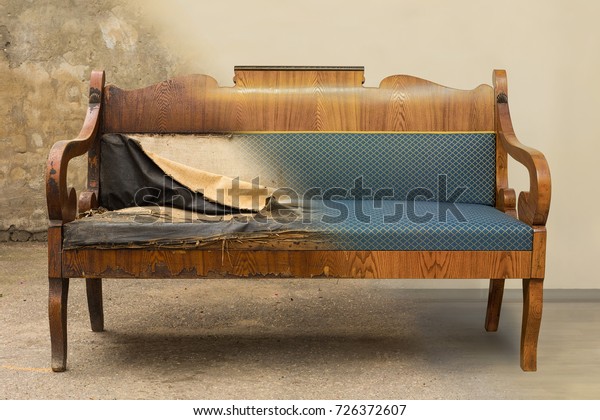 Antique\
Biedermeier style sofa with authentic fabric and wood carving\
before and after restoration , in a single\
photo