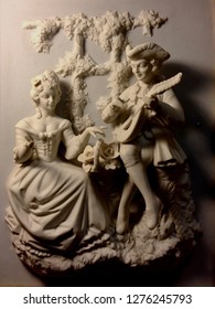 Antique Bisque Porcelain Relief Sculpture Of 18th Century Couple In Garden